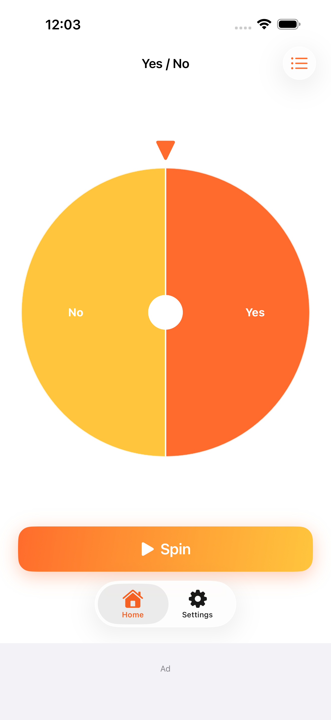 Spin screen with a Yes / No wheel