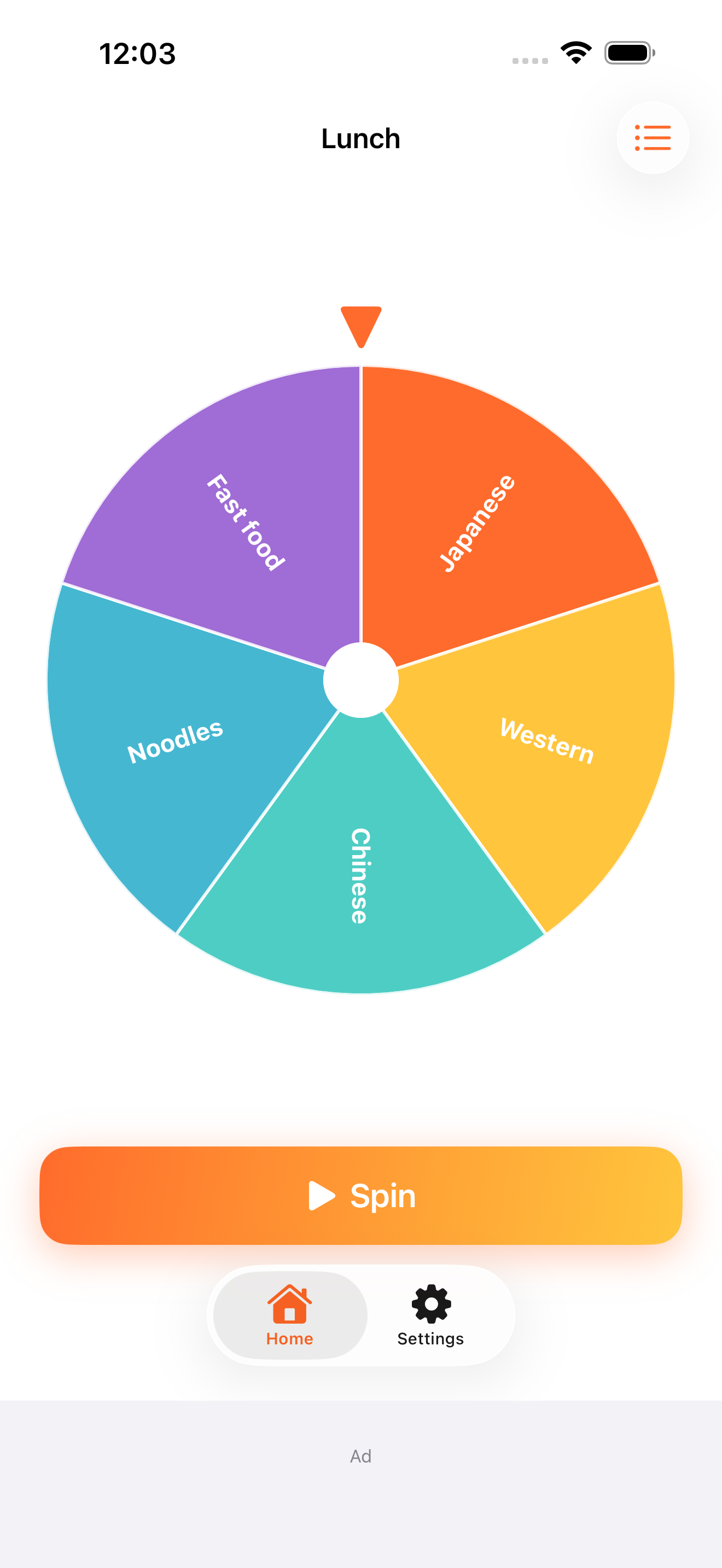 Lunch wheel divided into five colorful options